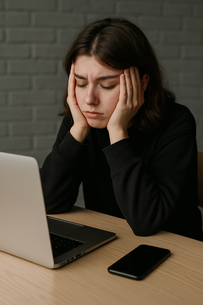 Image of a Gen Z student or young professional looking exhausted at a desk with a laptop and phone